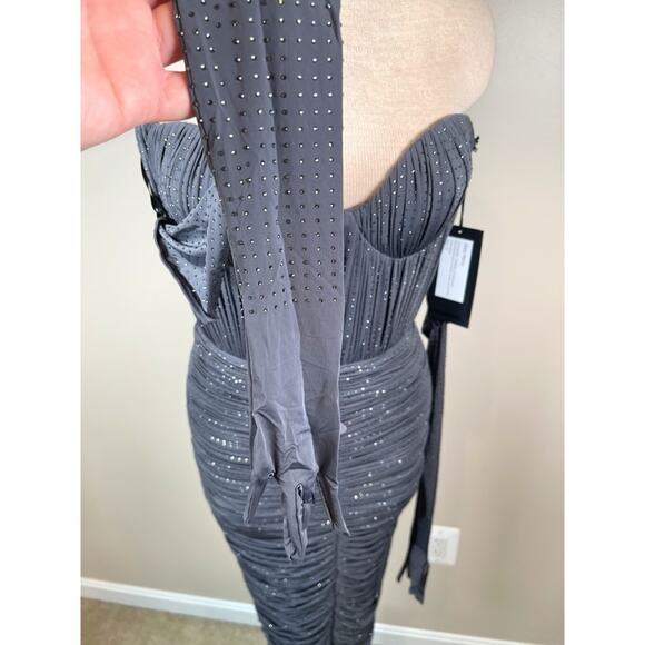 Alex Perry Strapless Sweetheart Ruched Crystal Jersey Iron Gray Midi Dress Sz 4 - Picture 10 of 13